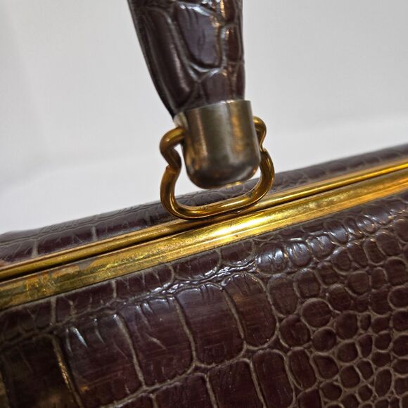 Vtg 50's Womens Handbag Faux Crocodile Embossed Satchel Gold Clasp Top Handle - Picture 12 of 12